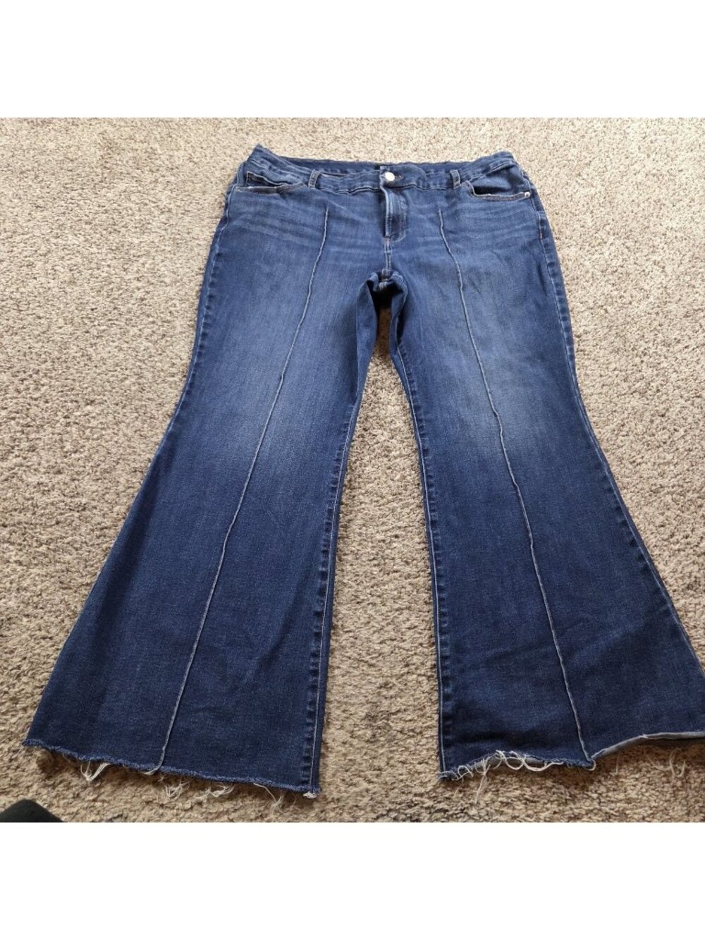 Express Jeans Womens XL Short Mid Rise Flare Dark Wash Blue Raw Hem Denim